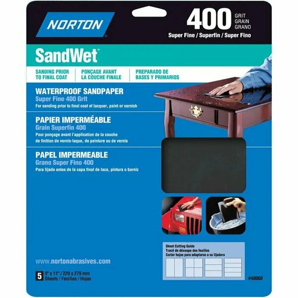 Norton Co 9" x 11" SandWet Wet or Dry Sanding Sheets 400-Grit, PK 5 48060